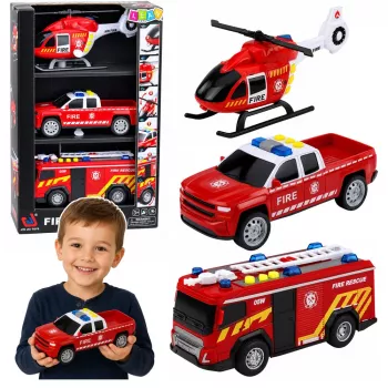 LEAN TOYS Ugunsdzēsēju transportlīdzekļu komplekts: helikopters un automašīna, ar gaismām un skaņām 1:32