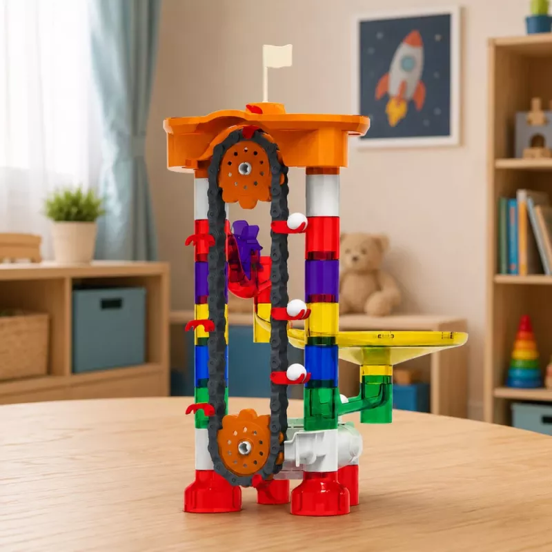 LEAN TOYS Konstrukcijas bloki Kosmosa trase bumbiņām tuneļi krāsaini 3D 85 gab.