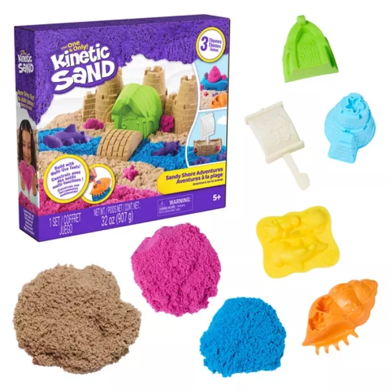 Kinetic Sand Beach Adventure komplekts – 907g smiltis 3 krāsās ar veidnēm, rīku un rotaļu paplāti