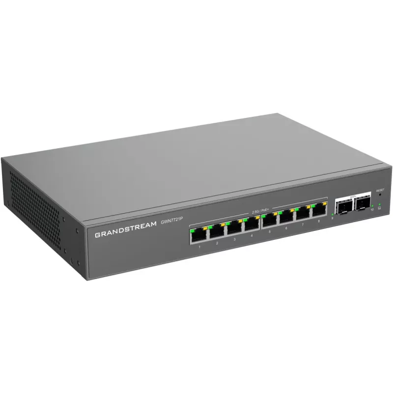 Grandstream GWN7721P Layer 2 Lite pārvaldīts 2.5 Gigabitu PoE+ slēdzis, 5 porti (4x 2.5G PoE+, 1x 2.5G), 60W budžets, bez ventilatora, mākoņa/tīmekļa pārvaldība