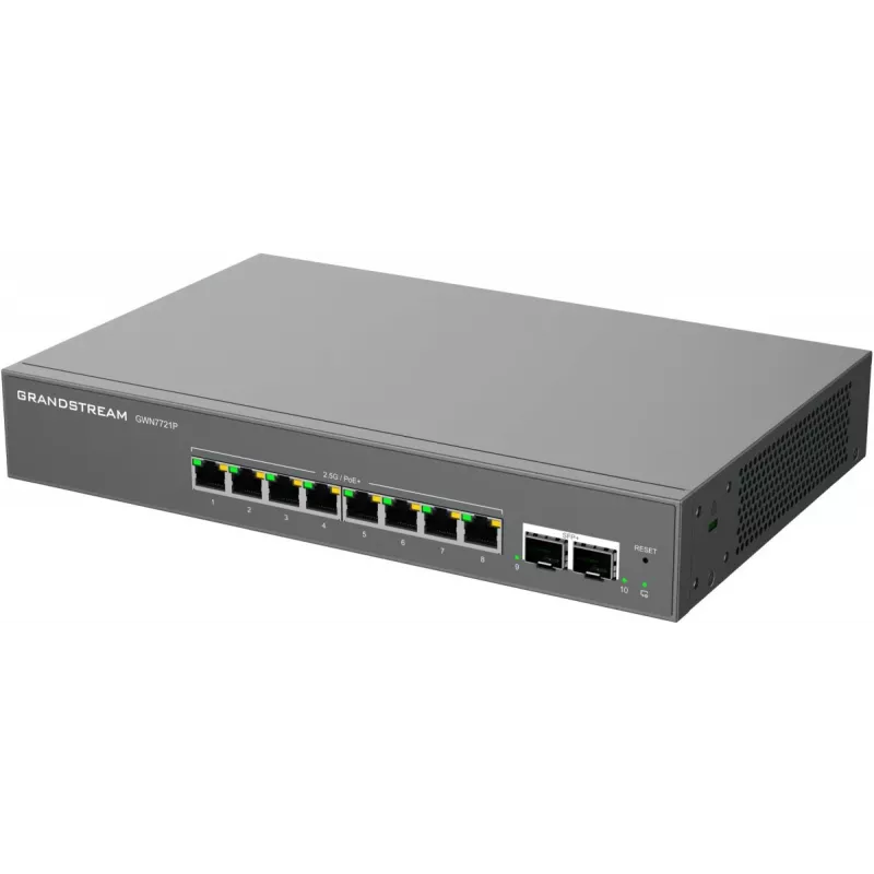 Grandstream GWN7721P Layer 2 Lite pārvaldīts 2.5 Gigabitu PoE+ slēdzis, 5 porti (4x 2.5G PoE+, 1x 2.5G), 60W budžets, bez ventilatora, mākoņa/tīmekļa pārvaldība