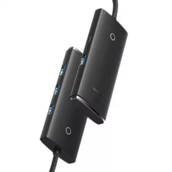 Baseus Lite Series 4 portu USB 3.0 centrmezgls - 5Gbps, ar barošanu no kopnes, melns (WKQX030101)