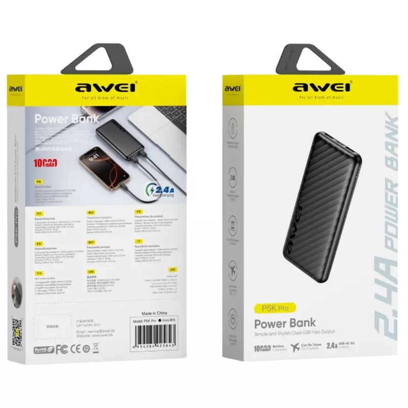 AWEI Power Bank 10000mAh P5K Pro 2xUSB - Melns