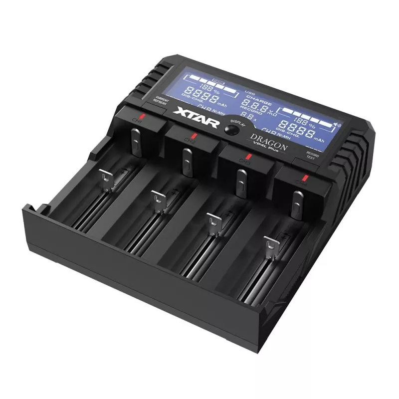 XTAR VP4L Plus 4-Slotu Li-ion/Ni-MH akumulatoru lādētājs ar LCD displeju, 2A ātra uzlāde, Power Bank funkcija