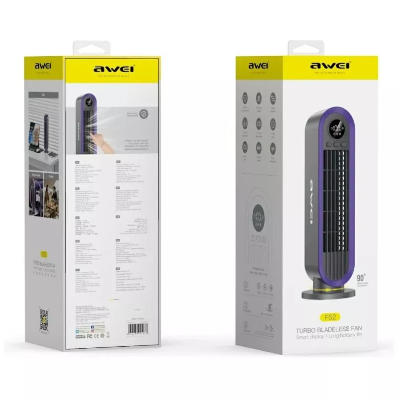 AWEI F52 pārnēsājamais torņa ventilators 3600mAh USB-C uzlādējams pelēks