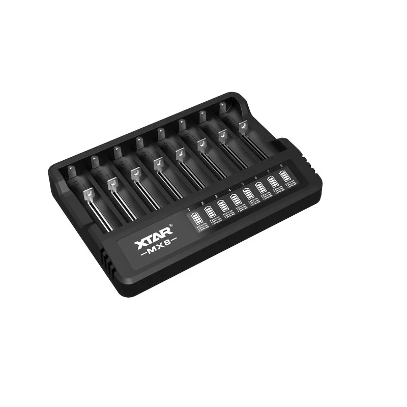 XTAR MX8 8 nodalījumu universāls USB-C akumulatoru lādētājs Li-ion/Ni-MH, 0.25A-2A, LED indikatori, 0V aktivizācija