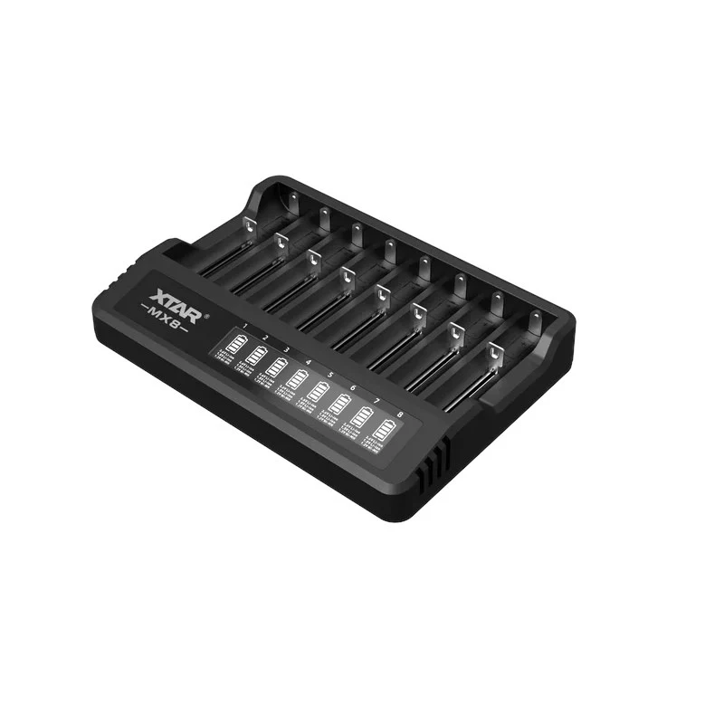 XTAR MX8 8 nodalījumu universāls USB-C akumulatoru lādētājs Li-ion/Ni-MH, 0.25A-2A, LED indikatori, 0V aktivizācija