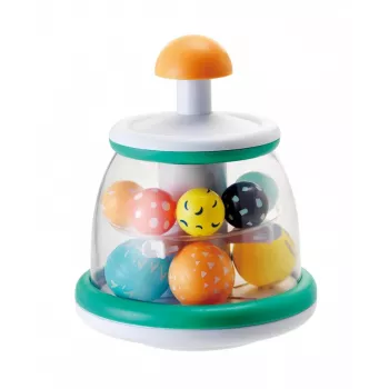 B-KIDS Rollabout Ball Top Infantino – Mētru krāsas kraušanas un griešanās rotaļlieta ar grabējošām pērlītēm zīdaiņiem no 6 mēnešiem