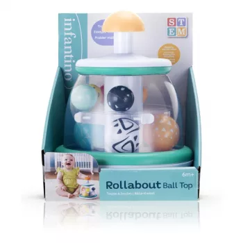 B-KIDS Rollabout Ball Top Infantino – Mētru krāsas kraušanas un griešanās rotaļlieta ar grabējošām pērlītēm zīdaiņiem no 6 mēnešiem