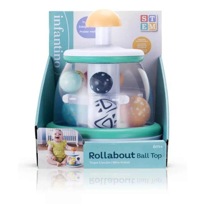 B-KIDS Rollabout Ball Top Infantino – Mētru krāsas kraušanas un griešanās rotaļlieta ar grabējošām pērlītēm zīdaiņiem no 6 mēnešiem