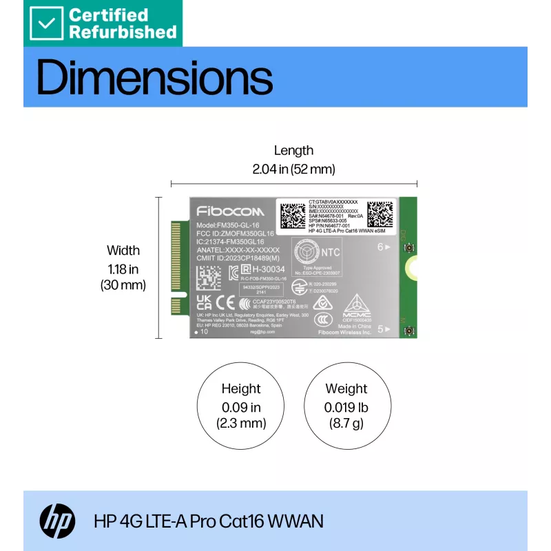 RENEW GOLD HP 4G LTE modems m.2 WWAN Cat 16 L860-GL-16 mobilais platjoslas modulis (saderīgs ar WWAN-ready EliteBook 630 640 645 660 830 840 860 1040 G11, x360 G11, ProBook 440 460 465 G11, ZBook Firefly Fury Power 14 16 G11 G11A)