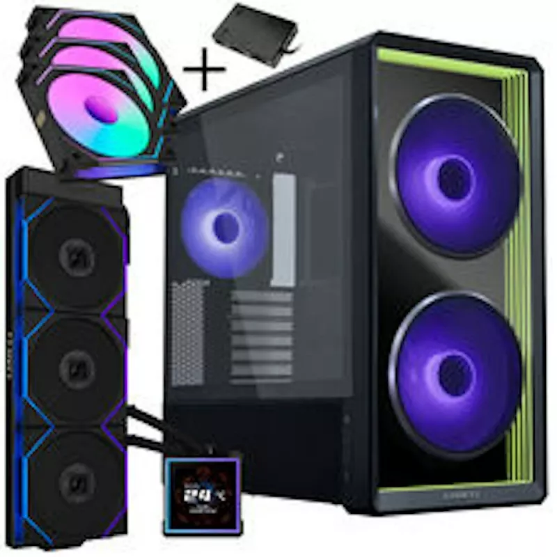 Lian Li LANCOOL 217 INF PC korpusa komplekts + HydroShift II LCD-S 360TL AIO + 3x UNI FAN SL-INF 120 Reverse Blade ventilatori - melns