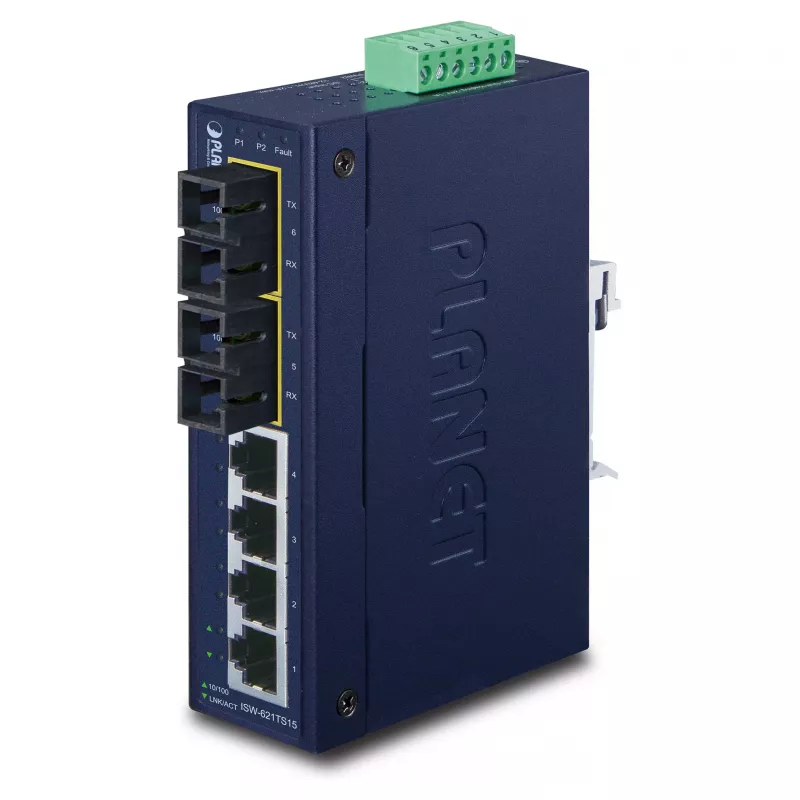 PLANET ISW-621TS15 Industrial Unmanaged L2 Fast Ethernet Switch ar 4x 10/100 + 2x 100Base-FX SC Multi-mode, DIN-Rail/Sienas montāža, -40 līdz 75°C