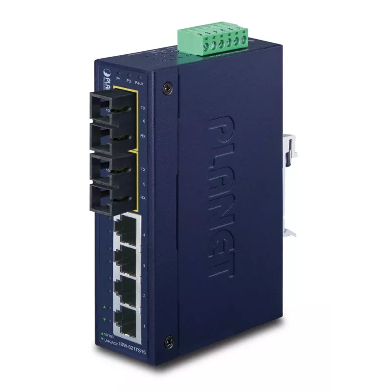 PLANET ISW-621TS15 Industrial Unmanaged L2 Fast Ethernet Switch ar 4x 10/100 + 2x 100Base-FX SC Multi-mode, DIN-Rail/Sienas montāža, -40 līdz 75°C