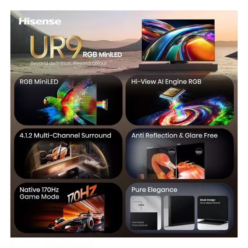 HISENSE 65UR9DS 65 collu 4K UHD RGB MiniLED viedtelevizors, 170Hz, 6ms, HDR, WiFi, Bluetooth, Melns/Pelēks
