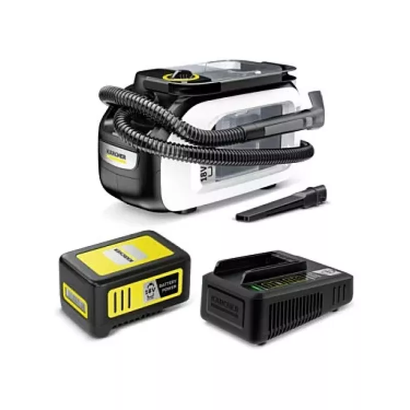 Kärcher SE 3-18 Compact Home Battery Set 5.0-F akumulatora izsmidzināšanas ekstrakcijas tīrītājs paklājiem un mīkstajām mēbelēm, komplektā 18 V / 5,0 Ah akumulators un lādētājs (1.081-508.0)