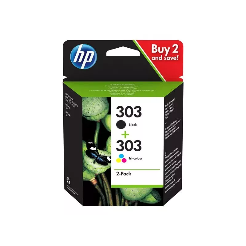 HP 303 Melns/Tri-krāsu oriģinālā tintes kasetne 2 iepakojumā