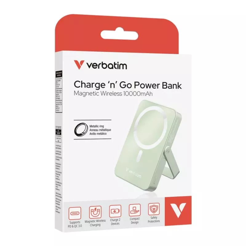 Verbatim Charge 'n' Go Magnetic Wireless Power Bank ar statīvu 10000mAh USB-C PD 3.0 Zaļš
