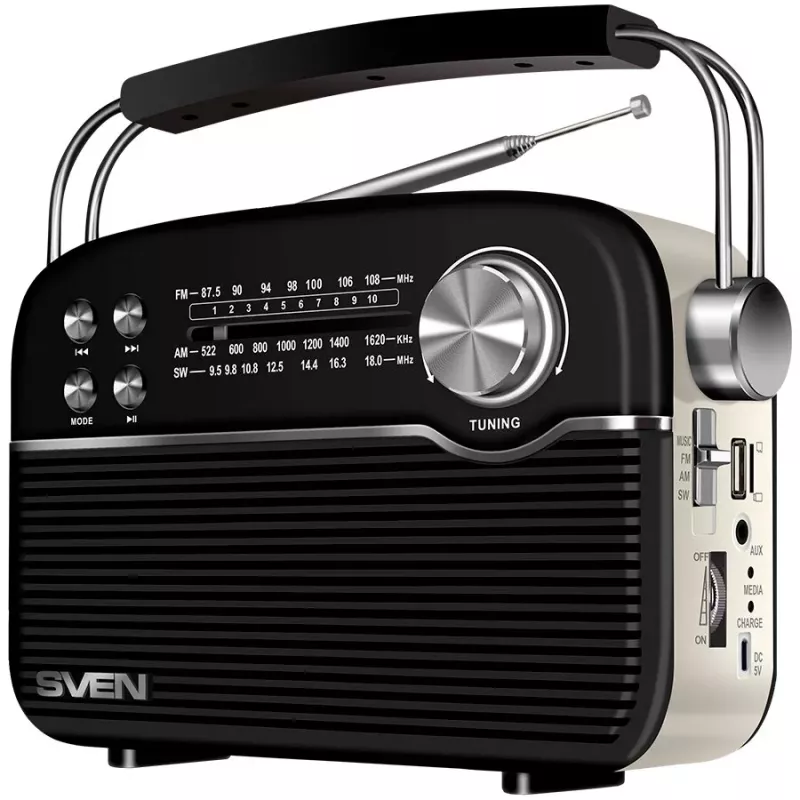 Skaļrunis SVEN SRP-500, Melns (3W, Bluetooth, FM/AM/SW, USB, microSD, AUX, Akumulators)