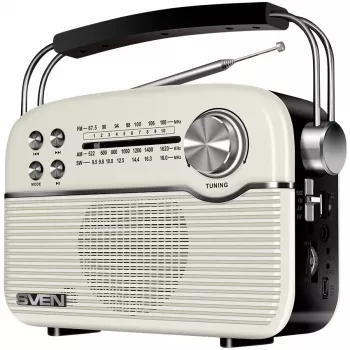 SVEN SRP-500 portatīvais Bluetooth skaļrunis, balts (3W, FM/AM/SW radio, USB, microSD, AUX, akumulators)