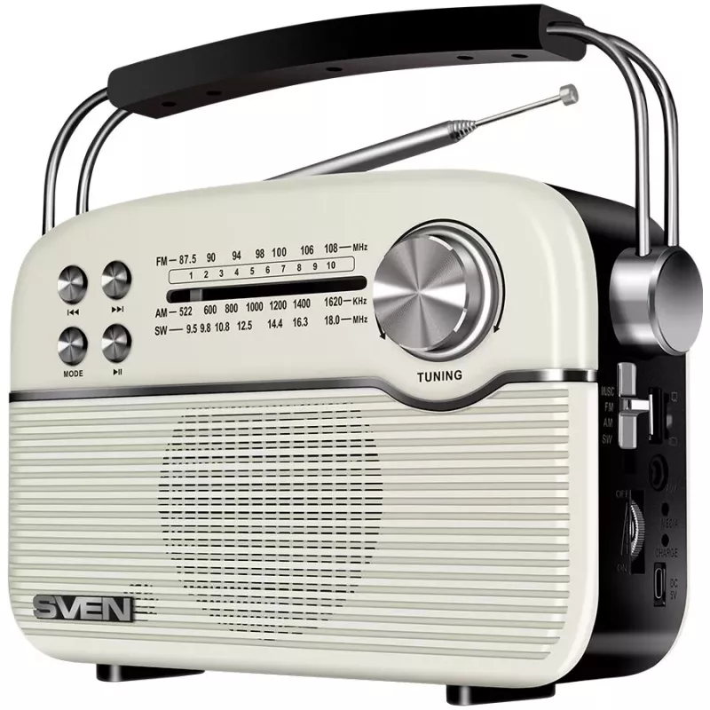 SVEN SRP-500 portatīvais Bluetooth skaļrunis, balts (3W, FM/AM/SW radio, USB, microSD, AUX, akumulators)