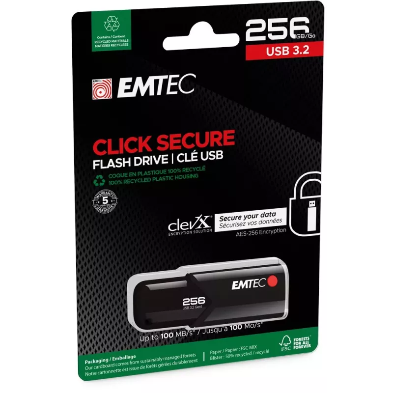 Emtec USB 3.2 Click Secure B120 256GB USB zibatmiņa Melna