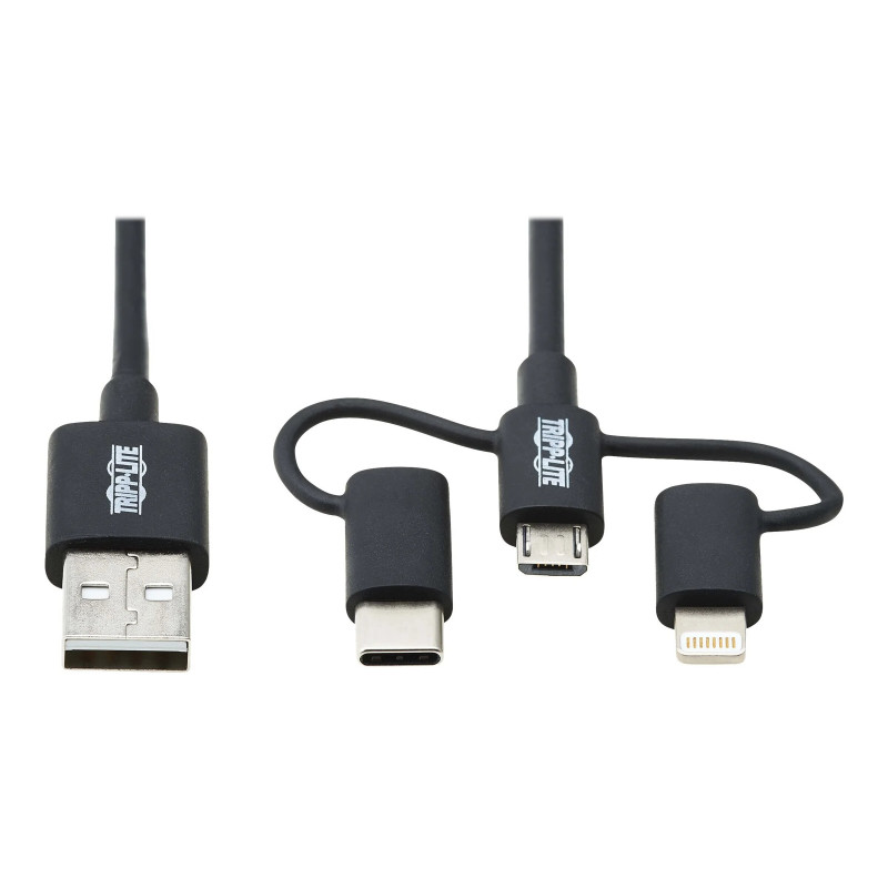 Eaton Tripp Lite Series Universāls USB-A uz Lightning, USB Micro-B un USB-C sinhronizācijas/uzlādes kabelis (M/3xM), MFi sertificēts, melns, 6 pēdas (1,8 m)
