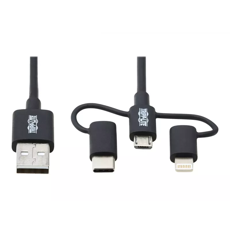 Eaton Tripp Lite Series Universāls USB-A uz Lightning, USB Micro-B un USB-C sinhronizācijas/uzlādes kabelis (M/3xM), MFi sertificēts, melns, 6 pēdas (1,8 m)