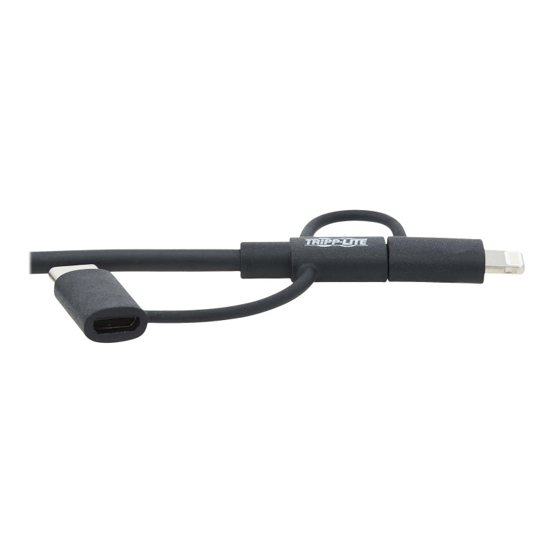 Eaton Tripp Lite Series Universāls USB-A uz Lightning, USB Micro-B un USB-C sinhronizācijas/uzlādes kabelis (M/3xM), MFi sertificēts, melns, 6 pēdas (1,8 m)