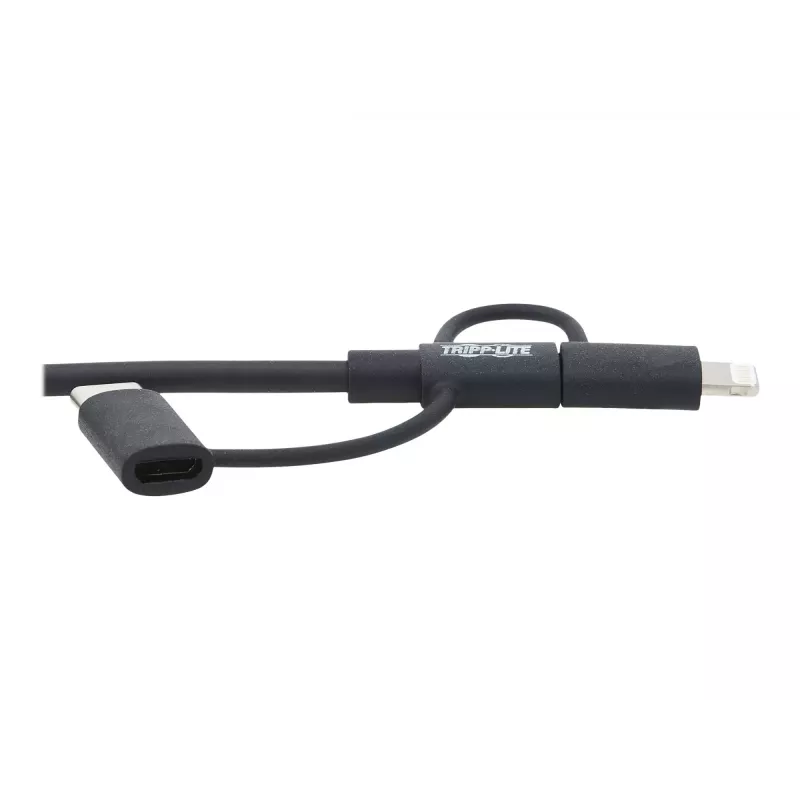 Eaton Tripp Lite Series Universāls USB-A uz Lightning, USB Micro-B un USB-C sinhronizācijas/uzlādes kabelis (M/3xM), MFi sertificēts, melns, 6 pēdas (1,8 m)