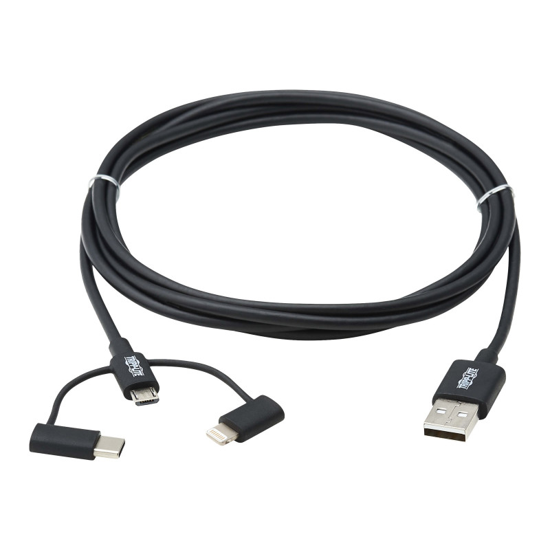 Eaton Tripp Lite Series Universāls USB-A uz Lightning, USB Micro-B un USB-C sinhronizācijas/uzlādes kabelis (M/3xM), MFi sertificēts, melns, 6 pēdas (1,8 m)