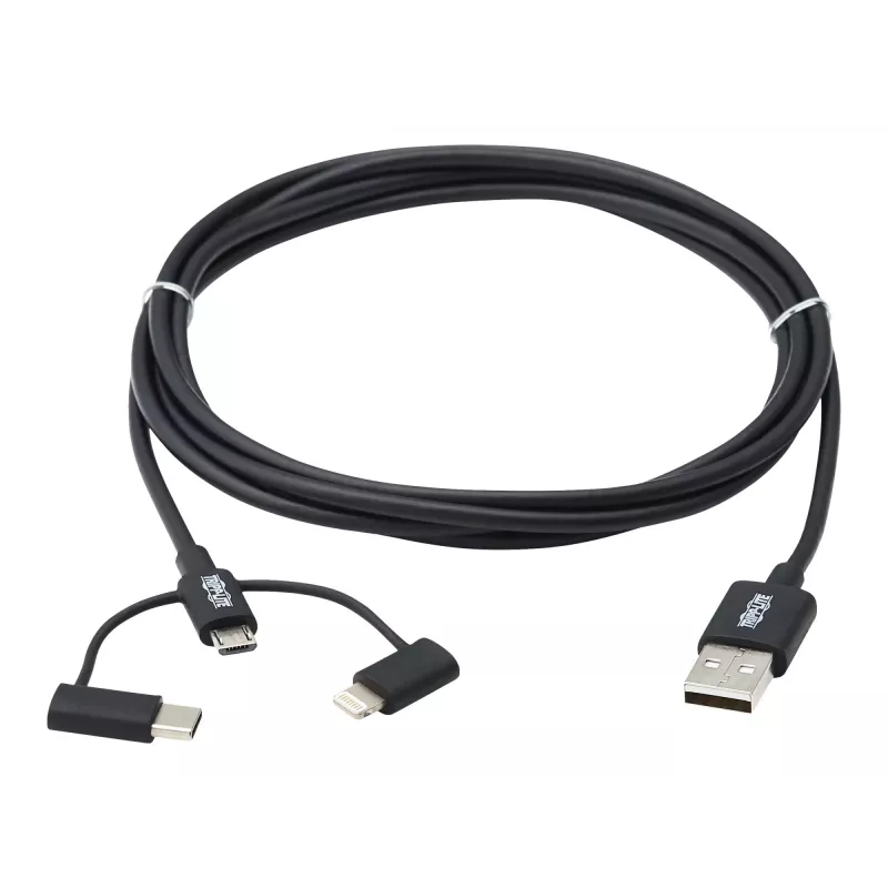 Eaton Tripp Lite Series Universāls USB-A uz Lightning, USB Micro-B un USB-C sinhronizācijas/uzlādes kabelis (M/3xM), MFi sertificēts, melns, 6 pēdas (1,8 m)