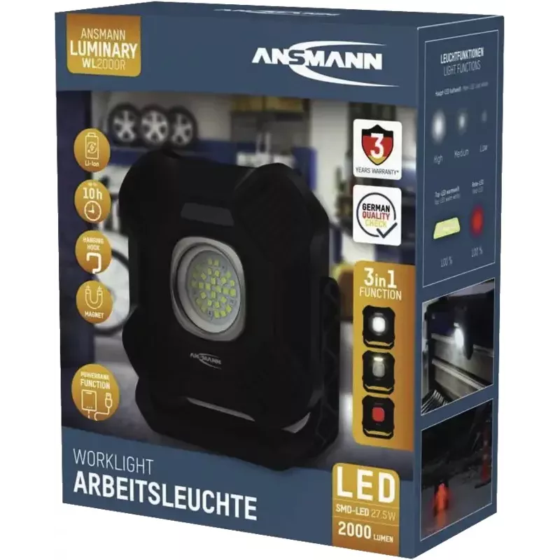 ANSMANN WL2000R Uzlādējama LED darba gaisma, Melna, 20W, 2000lm, ar magnētu, pakarināmo āķi, statīvu - 1 gab. (1600-0755)