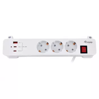 Equip Pagarinātājs CEE 7/7 90° uz 3x Schuko / 2x USB-C + USB-A, Balts, 1.5m