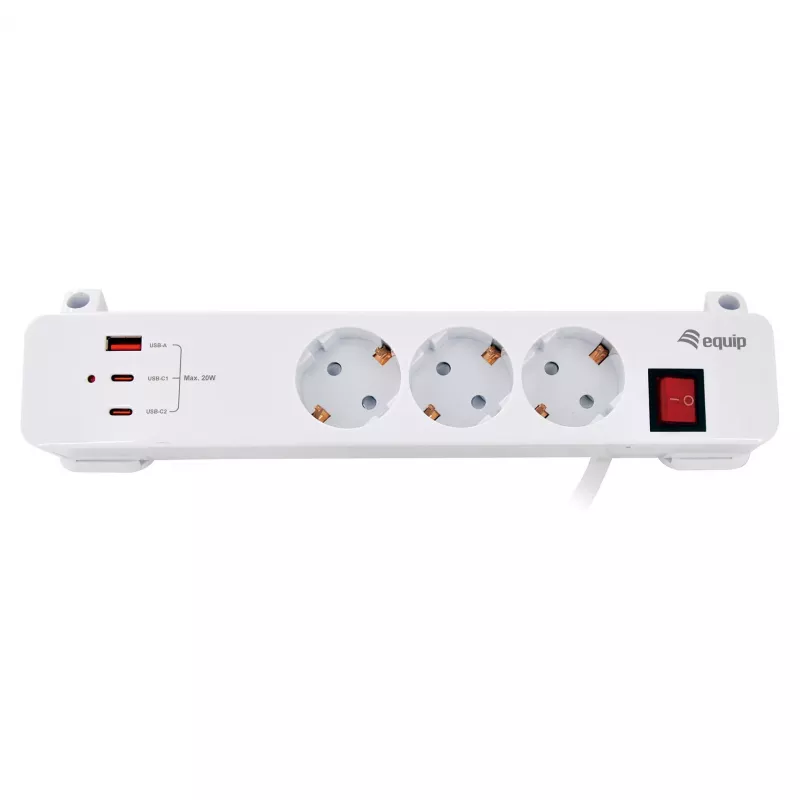 Equip Pagarinātājs CEE 7/7 90° uz 3x Schuko / 2x USB-C + USB-A, Balts, 1.5m