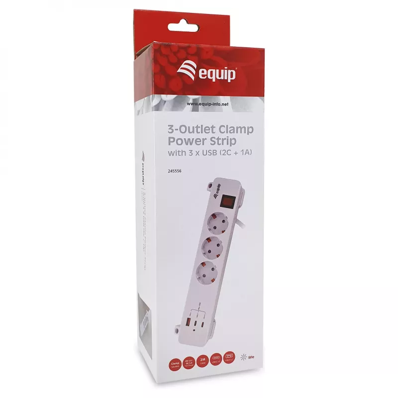 Equip Pagarinātājs CEE 7/7 90° uz 3x Schuko / 2x USB-C + USB-A, Balts, 1.5m