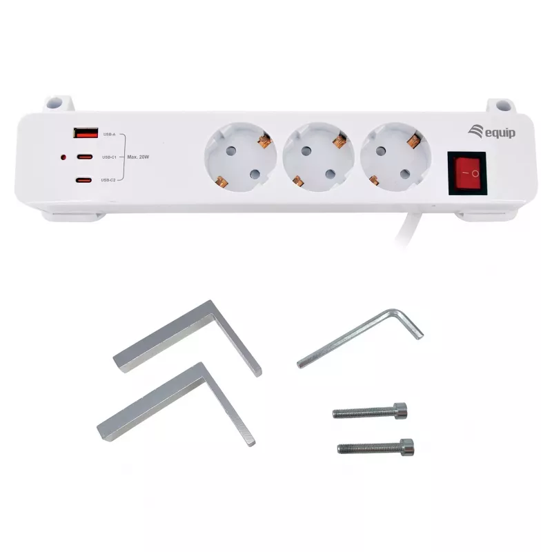 Equip Pagarinātājs CEE 7/7 90° uz 3x Schuko / 2x USB-C + USB-A, Balts, 1.5m