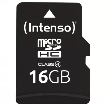 Intenso 16GB MicroSDHC Class 4 atmiņas karte ar SD adapteri, līdz 21 MB/s nolasīšanas ātrumam, melna