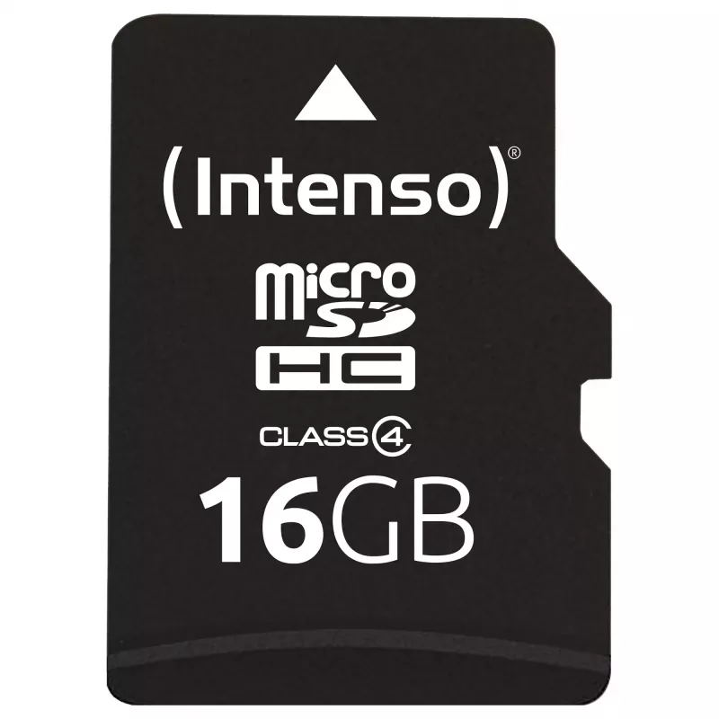 Intenso 16GB MicroSDHC Class 4 atmiņas karte ar SD adapteri, līdz 21 MB/s nolasīšanas ātrumam, melna