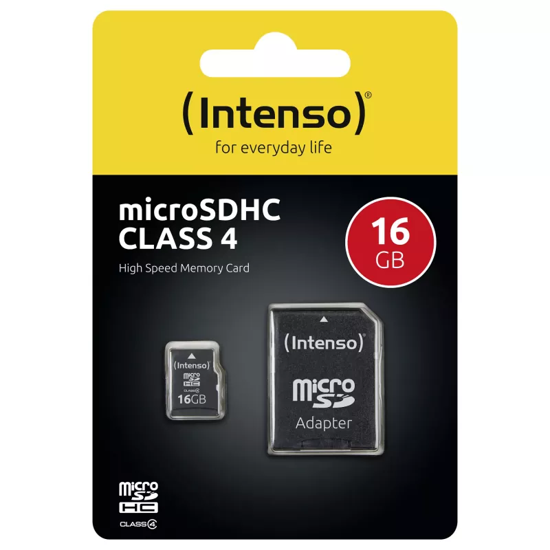 Intenso 16GB MicroSDHC Class 4 atmiņas karte ar SD adapteri, līdz 21 MB/s nolasīšanas ātrumam, melna
