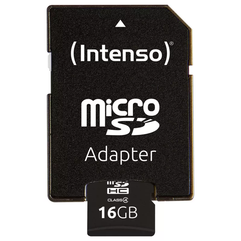 Intenso 16GB MicroSDHC Class 4 atmiņas karte ar SD adapteri, līdz 21 MB/s nolasīšanas ātrumam, melna