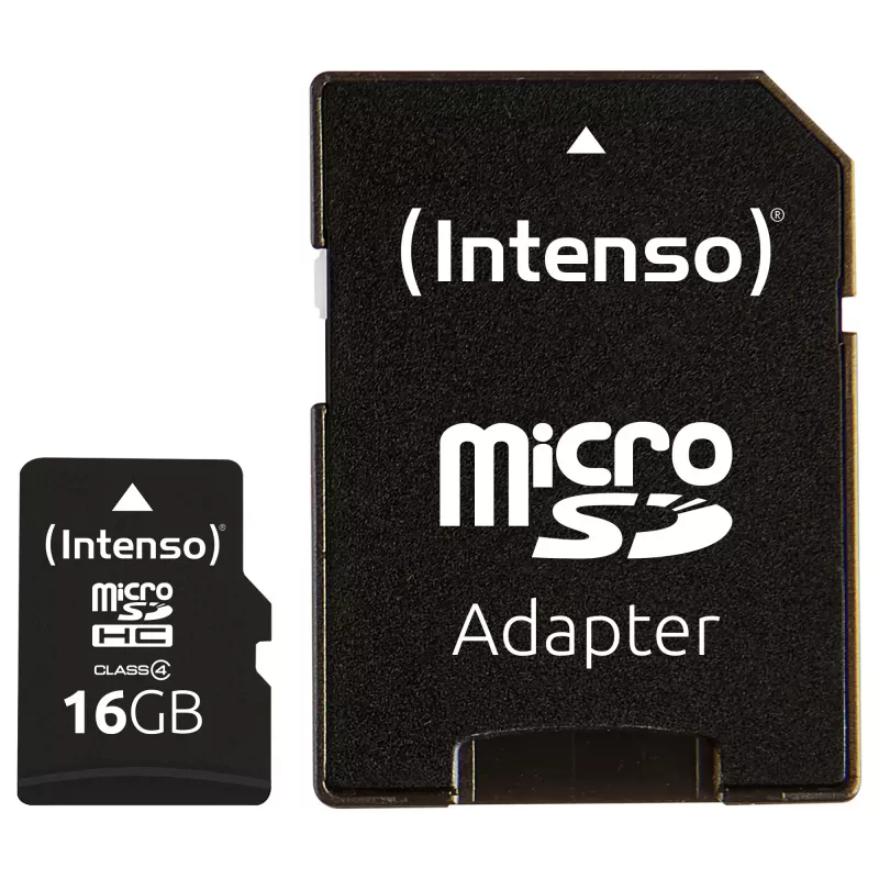 Intenso 16GB MicroSDHC Class 4 atmiņas karte ar SD adapteri, līdz 21 MB/s nolasīšanas ātrumam, melna