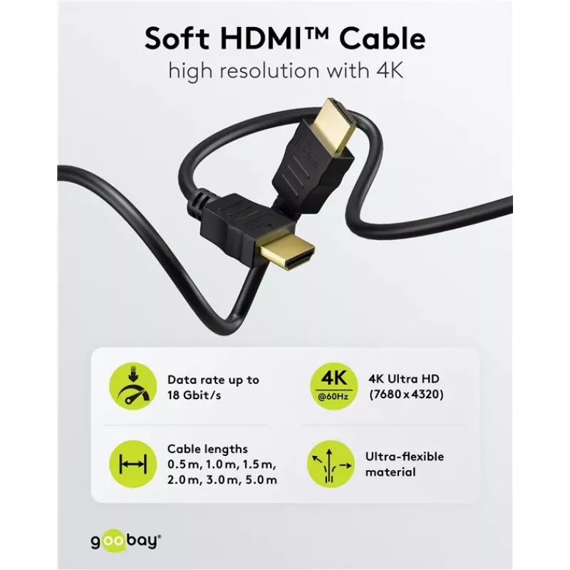 Goobay 80104 Soft HDMI High-Speed Cable with Ethernet, 3 m, Black
