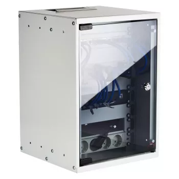 EFB 10 collu sienas montāžas skapis 9U 300mm dziļums gaiši pelēks (RAL 7035) ar drošības stikla durvīm