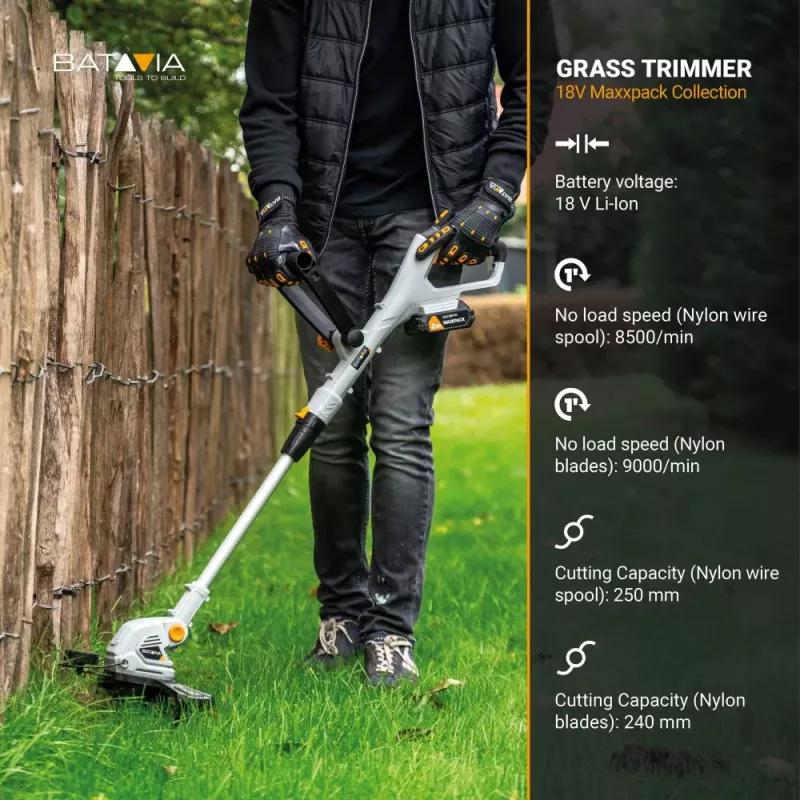 BATAVIA 18V Bezvadu zāles trimmeris 250 mm 2-in-1 ar auklu un asmeni