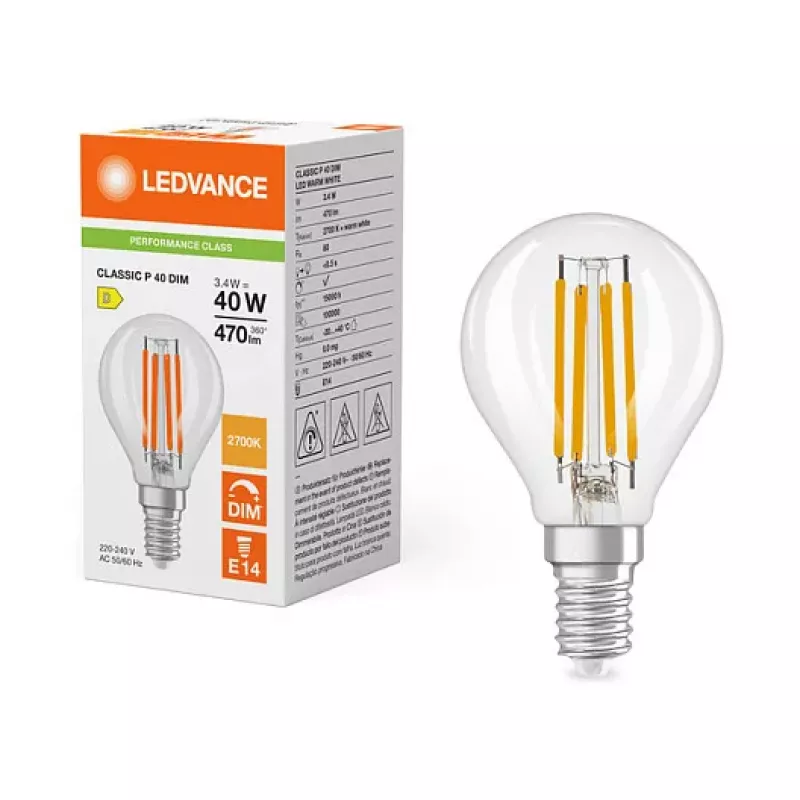OSRAM CLP40 DIM 3.4W 827 FIL CL E14 P LED regulējama pilienveida lampa caurspīdīga 2700K