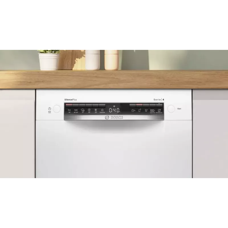 Bosch SPU4HMW01S Brīvi stāvoša šaura trauku mazgājamā mašīna, balta, 9 vietas, energoklase C, 45 dB, EcoSilence Drive, Home Connect