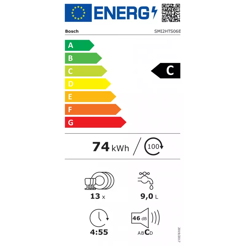 BOSCH SMI2HTS06E Daļēji integrēta trauku mazgājamā mašīna, energoefektivitātes klase C, 60 cm, 46 dB, 9,5 L, 5 programmas, Vario grozi, nerūsējošais tērauds