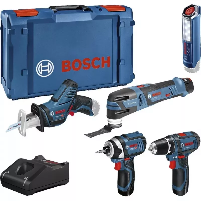 Bosch Power Tools 12V 5-Daļu Instrumentu Komplekts GOP + GSR + GDR + GSA + GLI (Zils, 3x Li-Ion 2.0Ah Akumulators)