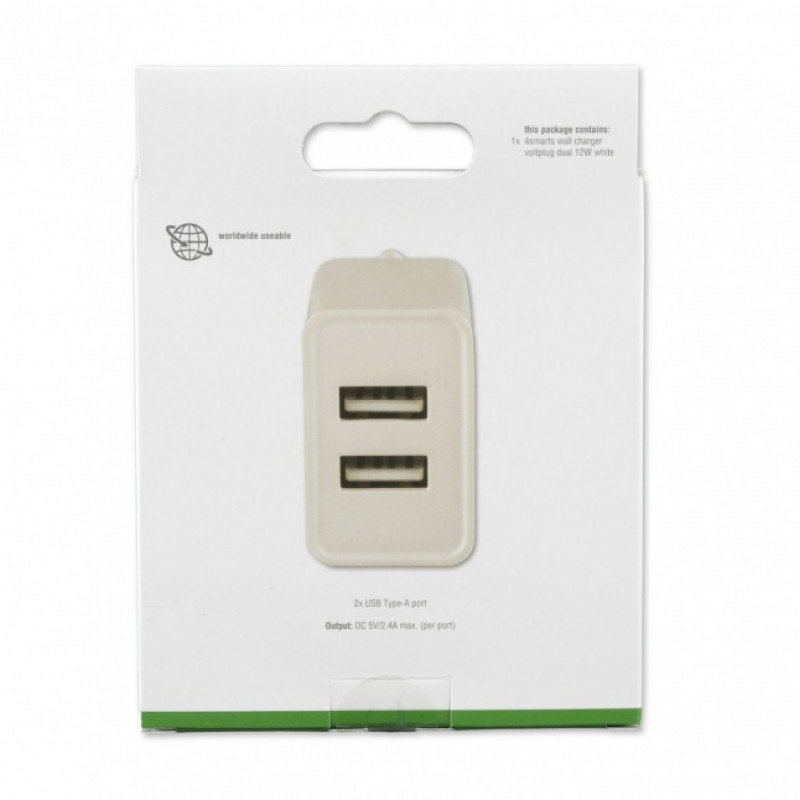 4SMARTS VoltPlug Dual 12W sienas lādētājs (bez kabeļa), balts